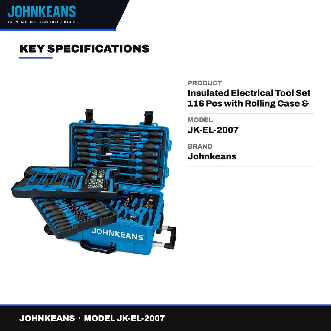 Johnkeans JK-EL-2007 – Insulated Electrical Tool Set 116 Pcs with Rolling Case & Carry Bag