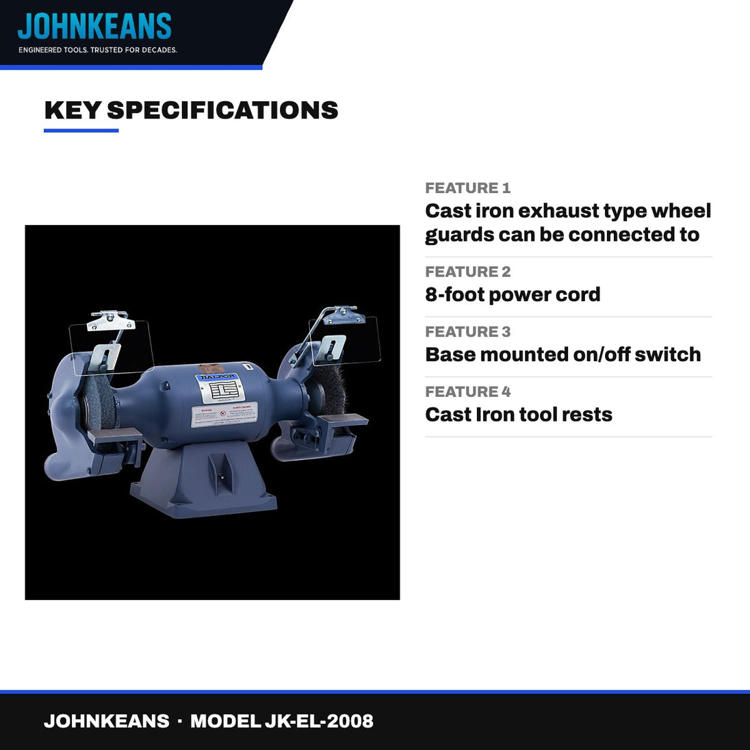 Johnkeans JK-EL-2008 – Industrial Bench Grinder 8", 1 HP with 10 Grinding Wheels