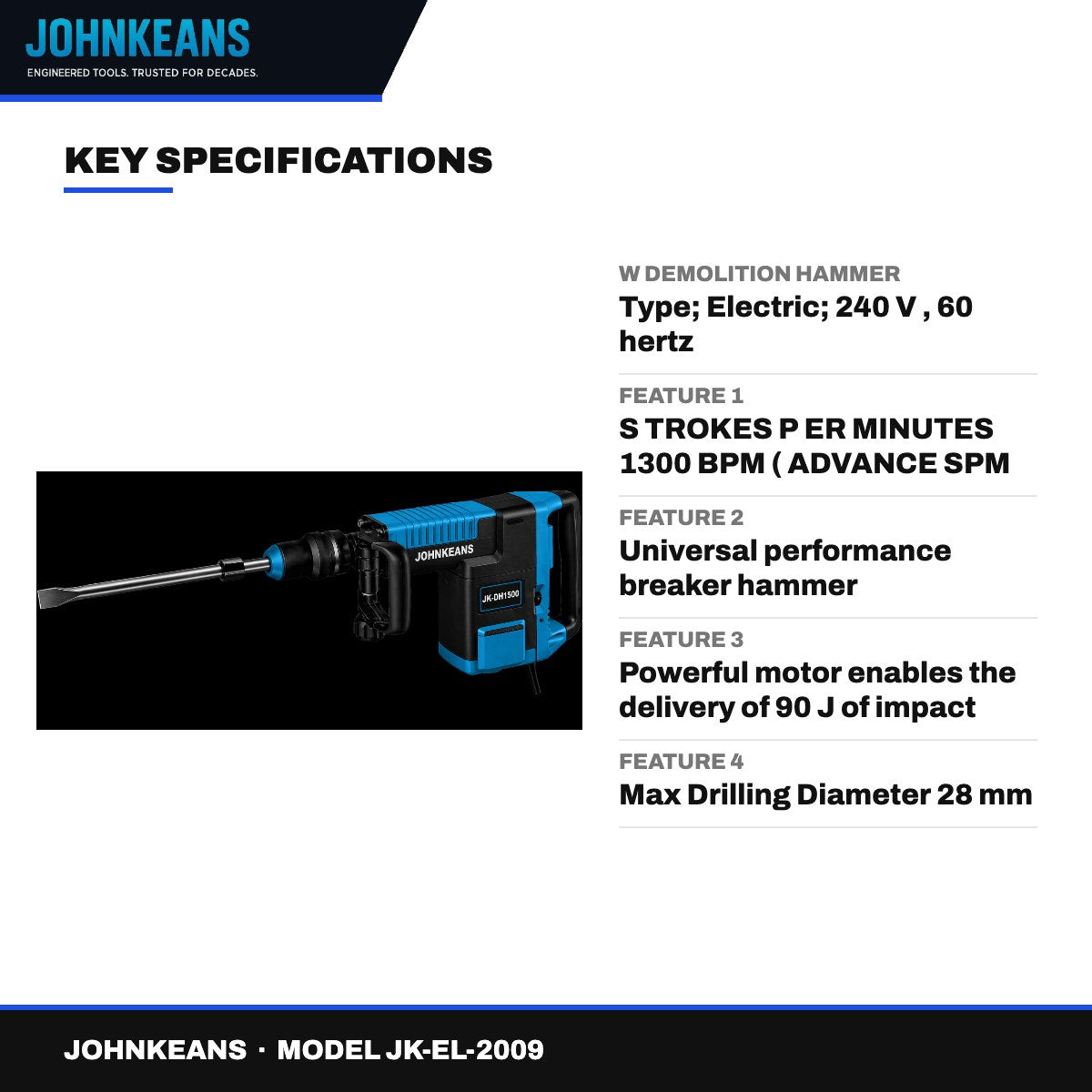 Johnkeans JK-EL-2009 – Explosion Proof Demolition Hammer 2000W
