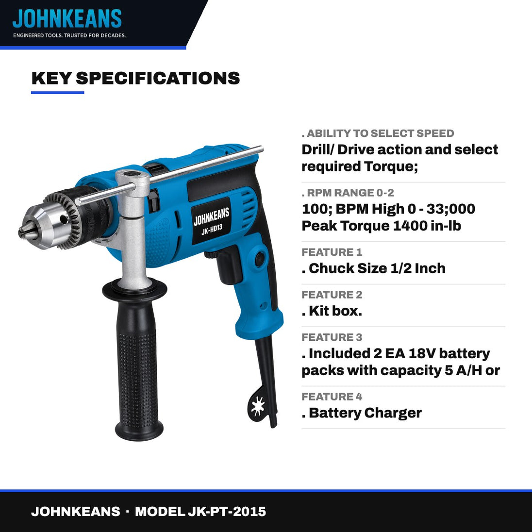 Johnkeans JK-PT-2015 – 1/2" Hammer Drill Driver Kit 18V, 2 x 5Ah