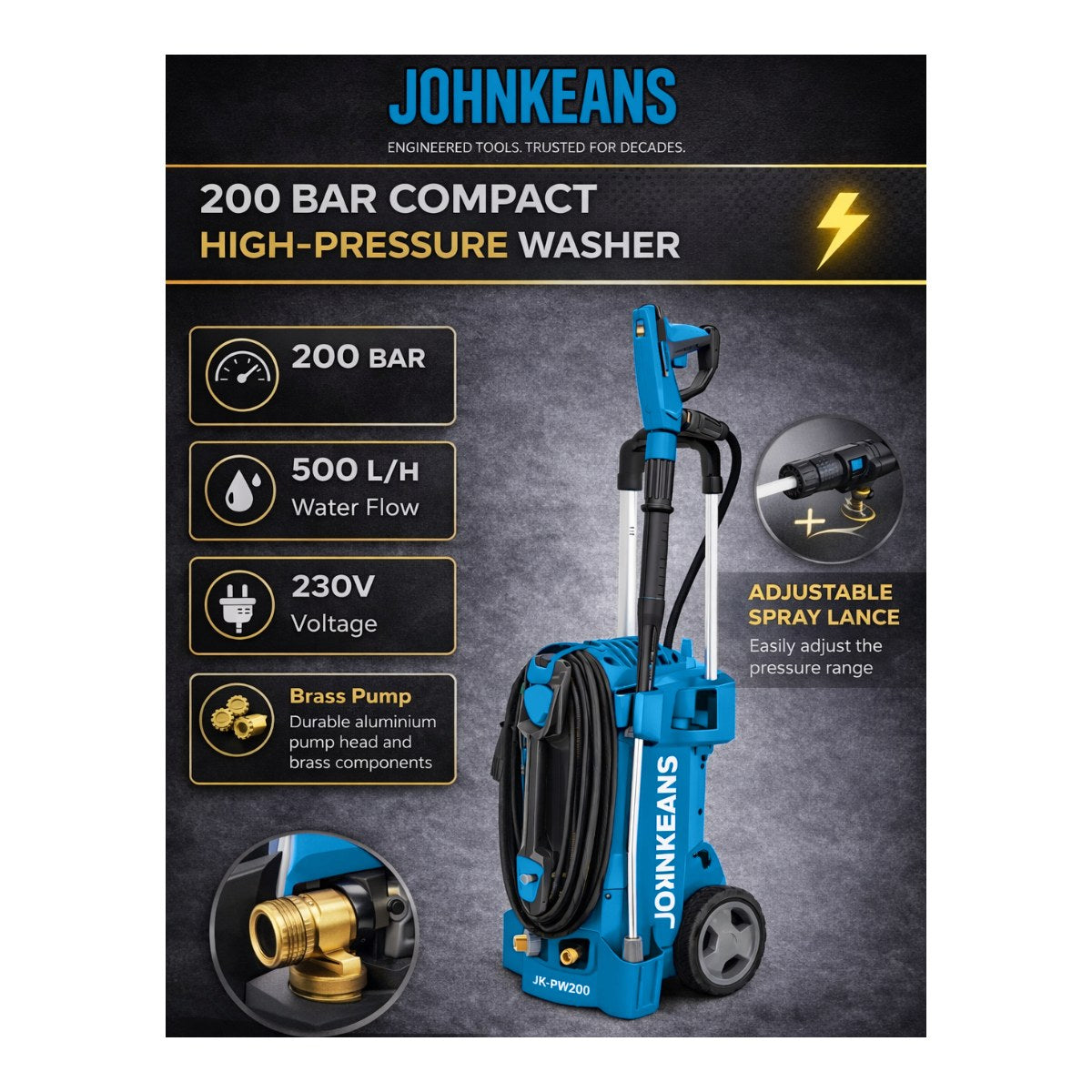Johnkeans JK-HO-2001 – Electric High Pressure Washer 500 Bar, 18 L/min – Compact Upright