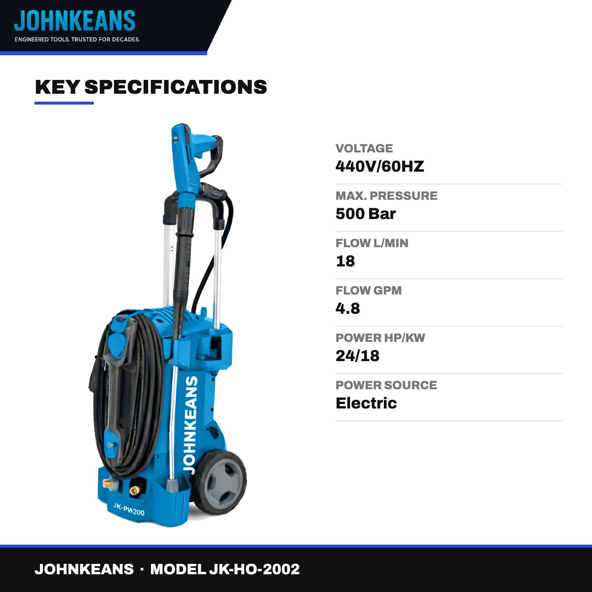 Johnkeans JK-HO-2002 – Electric High Pressure Washer 500 Bar, 18 L/min – Heavy Duty Trolley