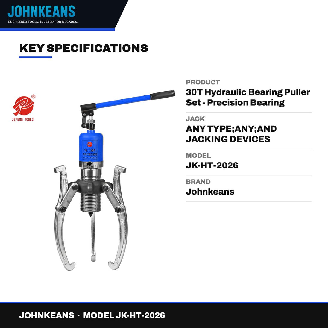 Johnkeans JK-HT-2026 – 30T Hydraulic Bearing Puller Set - Precision Bearing Removal Tool With Pressure Relief Valve & Removable Eject
