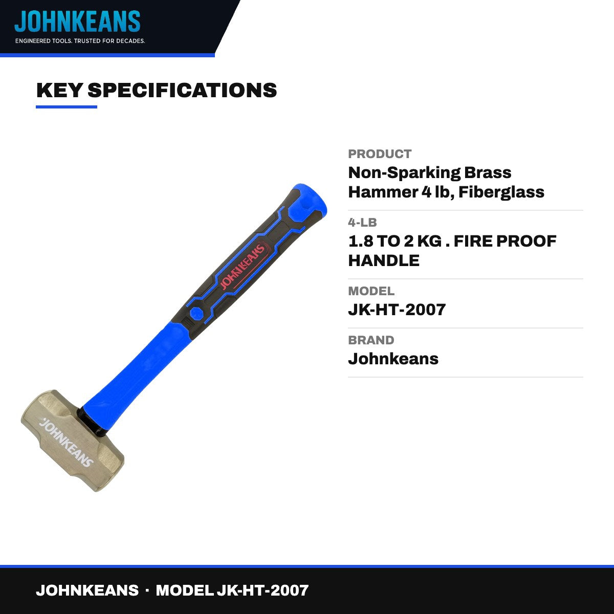 Johnkeans JK-HT-2007 – Non-Sparking Brass Hammer 4 lb, Fiberglass Handle
