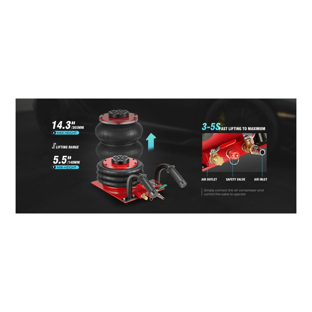 Johnkeans JK-GS-2072 – Air Jack 3.5 Ton / 7700Lbs Triple Bag Car Jack – Airbag Jack With Short-Handle