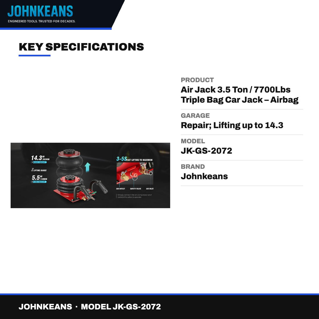 Johnkeans JK-GS-2072 – Air Jack 3.5 Ton / 7700Lbs Triple Bag Car Jack – Airbag Jack With Short-Handle