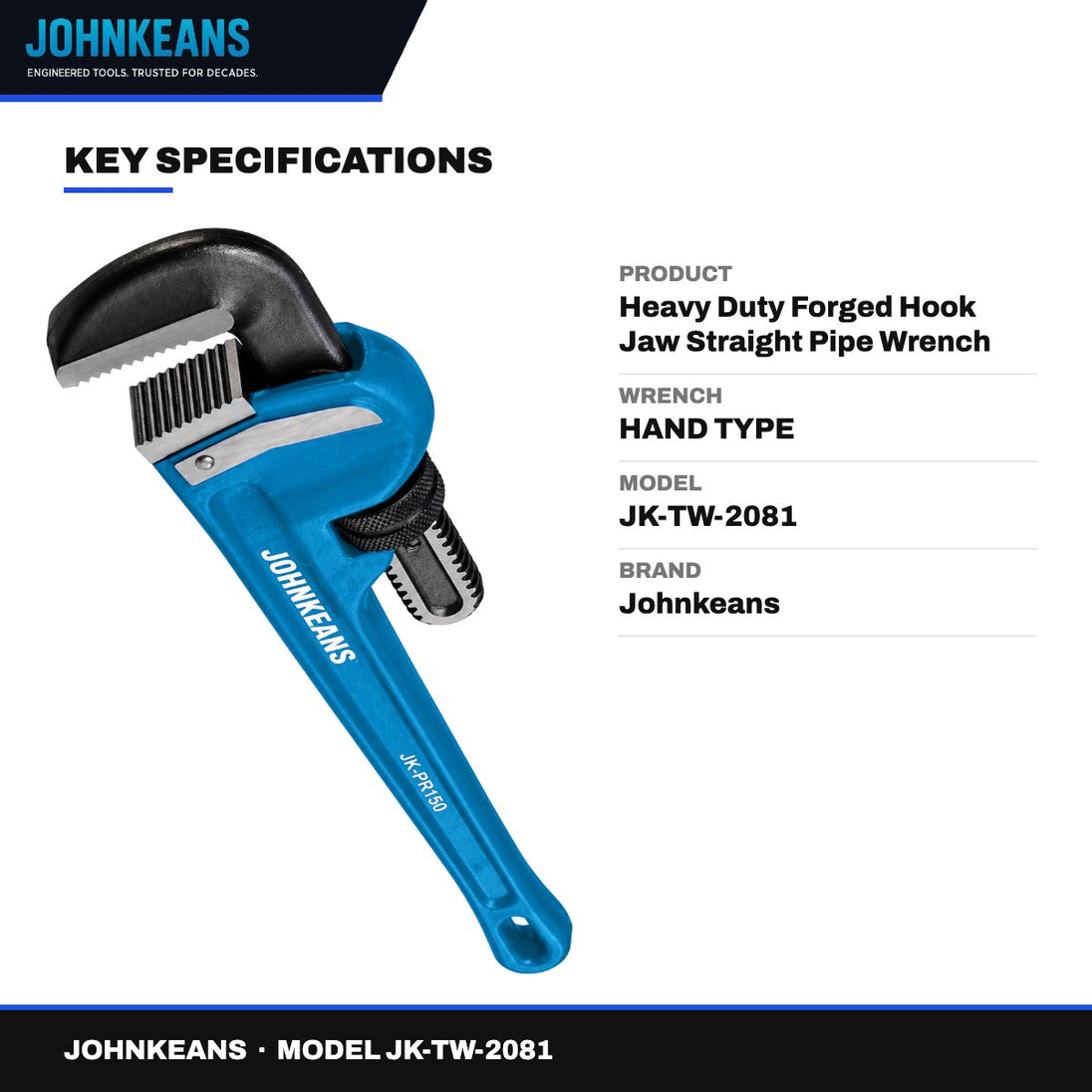 Johnkeans JK-TW-2081 – Heavy Duty Forged Hook Jaw Straight Pipe Wrench 10Inch