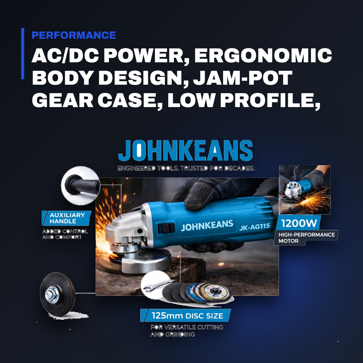 Johnkeans JK-PT-2009 – Angle Grinder 4-1/2", 12,000 RPM