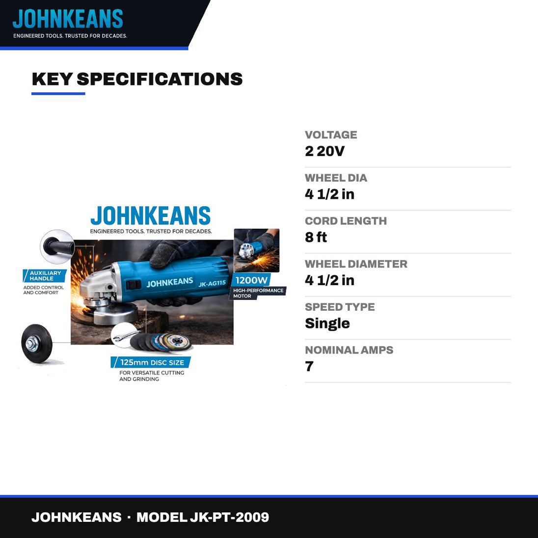 Johnkeans JK-PT-2009 – Angle Grinder 4-1/2", 12,000 RPM