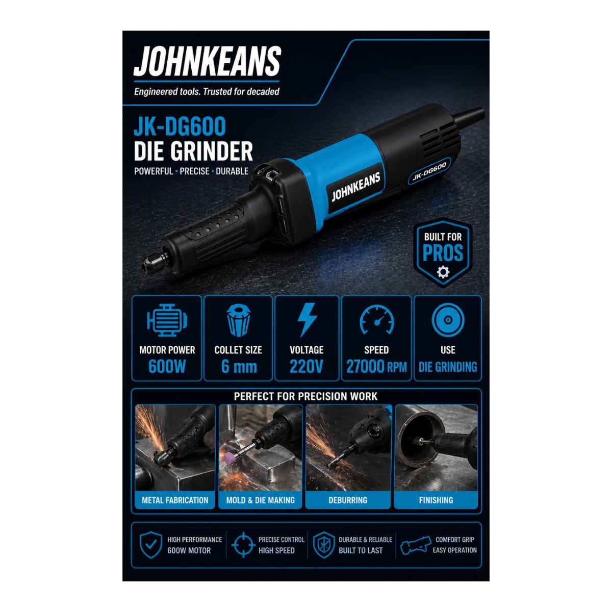Johnkeans JK-PT-2023 – Die Grinder 750W, 6 mm Collet