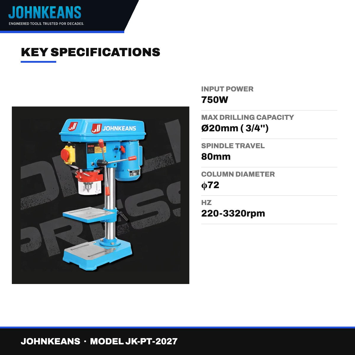 Johnkeans JK-PT-2027 – Heavy Duty Drill Press 750W, 12 Speed
