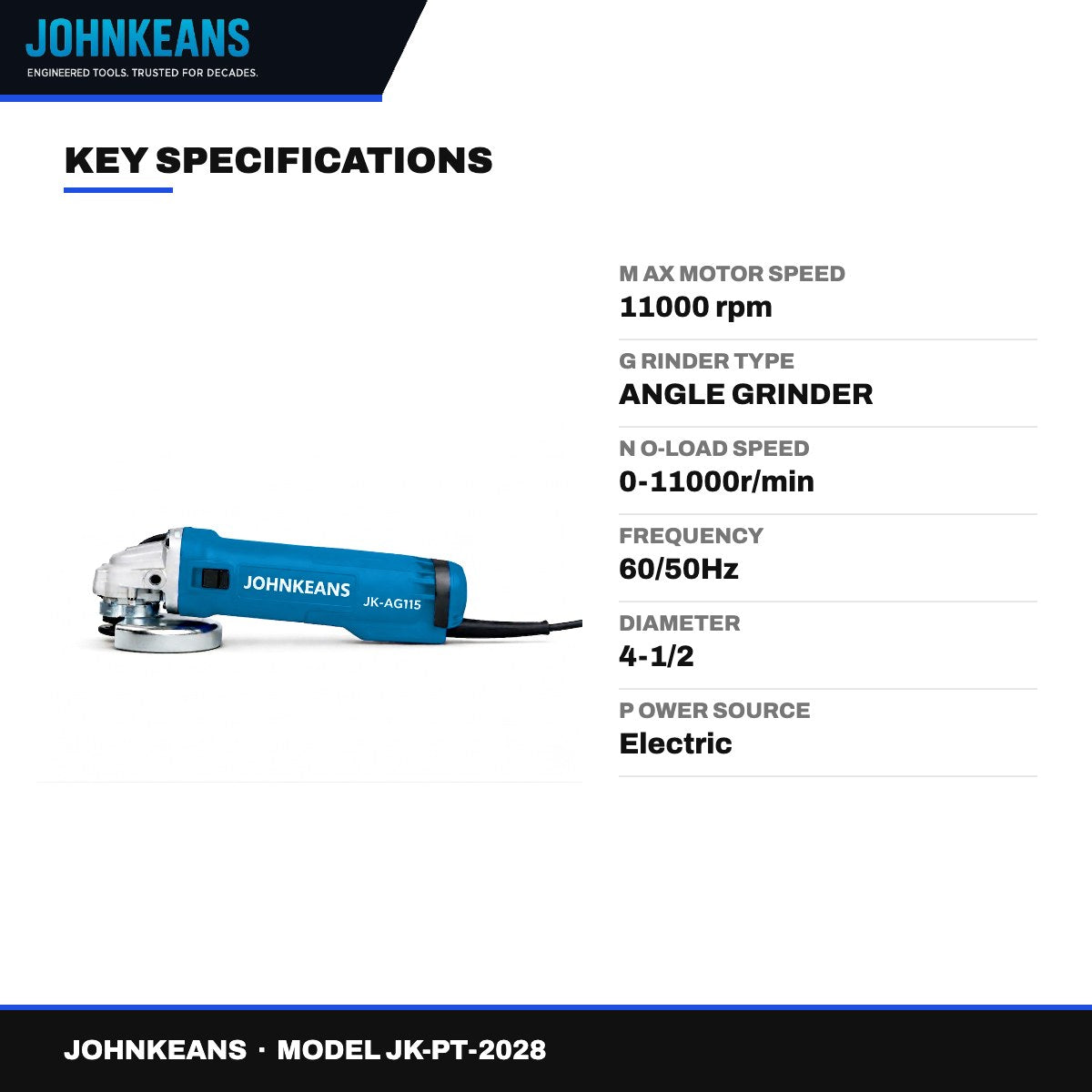 Johnkeans JK-PT-2028 – Electric Angle Grinder 4-1/2", 11,000 RPM