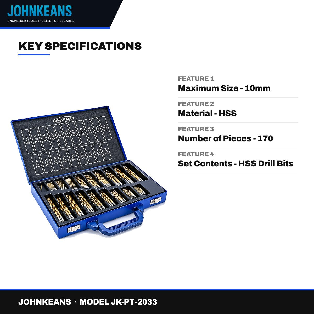 Johnkeans JK-PT-2033 – HSS Jobber Drill Set 170 Pcs, 1 – 10 mm
