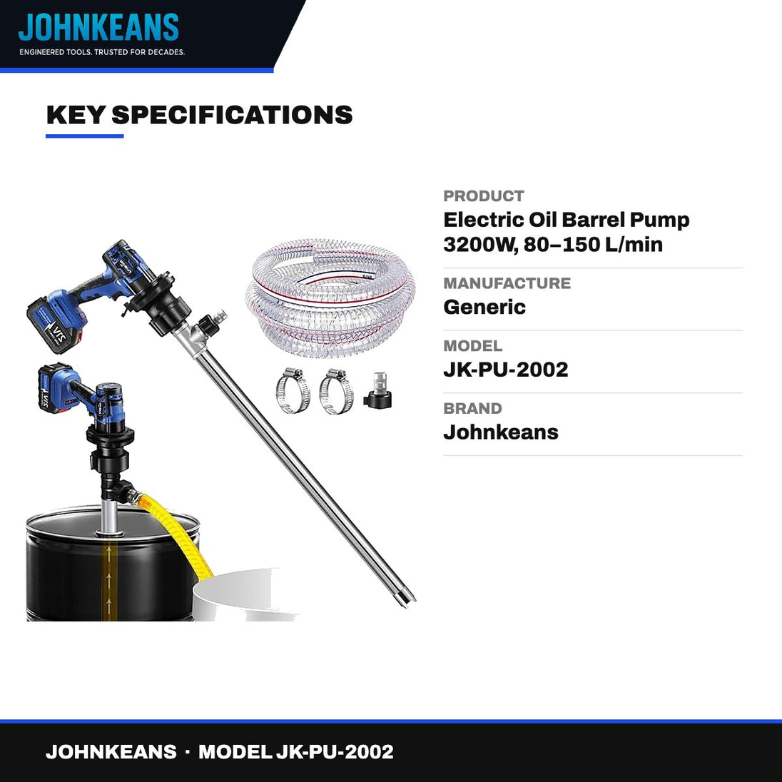 Johnkeans JK-PU-2002 – Electric Oil Barrel Pump 3200W, 80–150 L/min