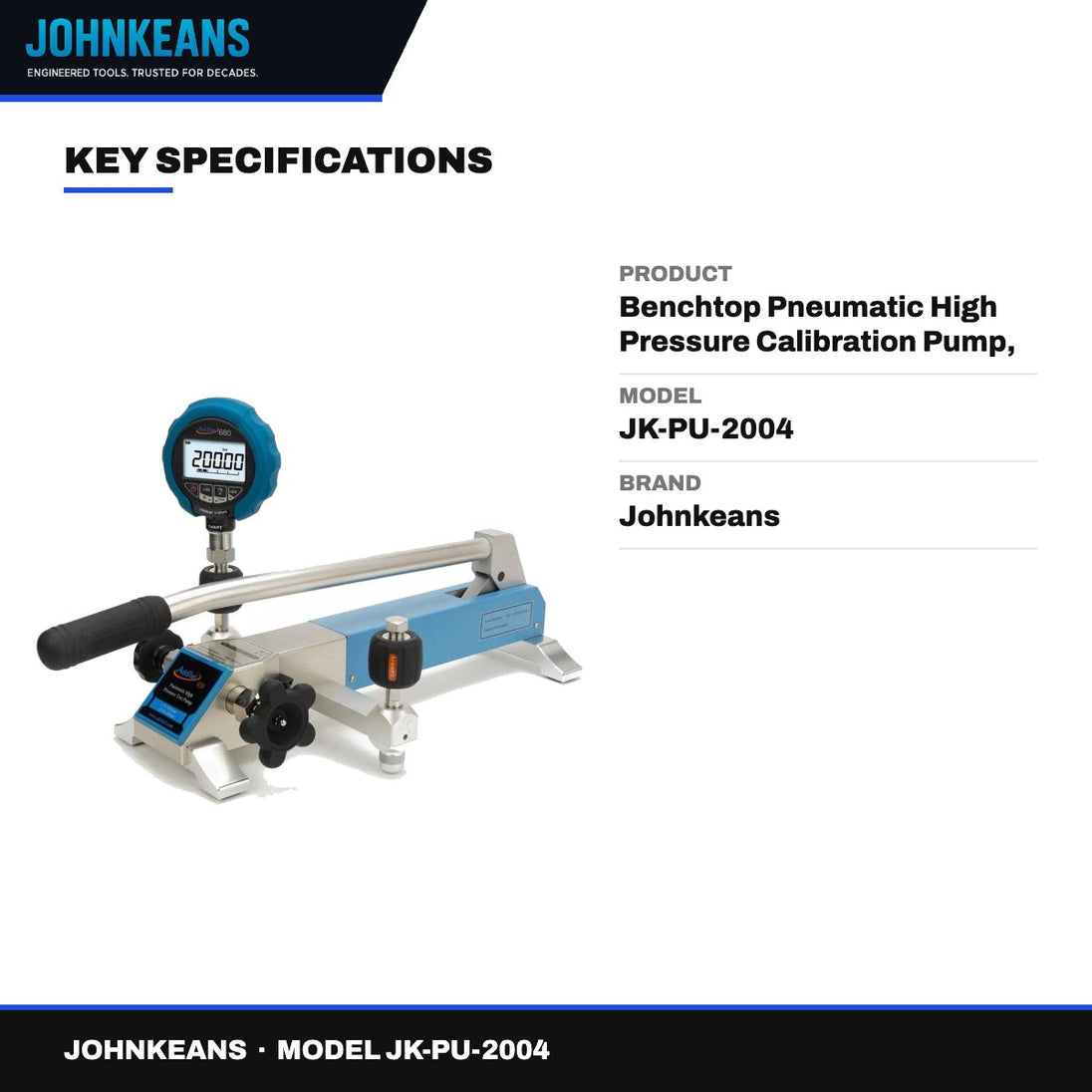 Johnkeans JK-PU-2004 – Benchtop Pneumatic High Pressure Calibration Pump, up to 400 Bar