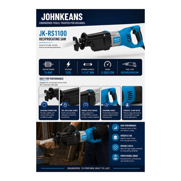 Johnkeans JK-PT-2040 – 20V Max* Cordless Reciprocating Saw Kit – Compact, 2-Amp Hour