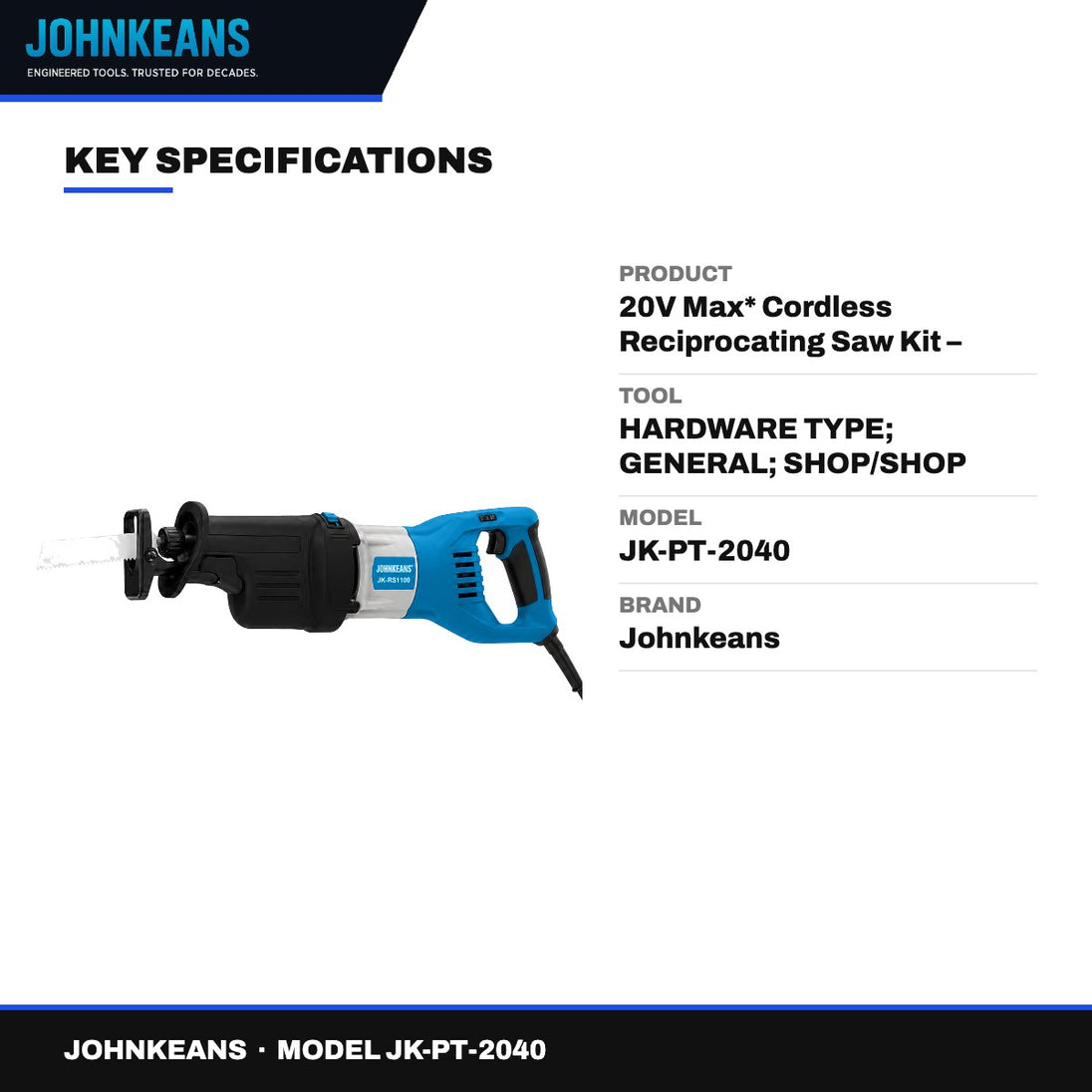 Johnkeans JK-PT-2040 – 20V Max* Cordless Reciprocating Saw Kit – Compact, 2-Amp Hour