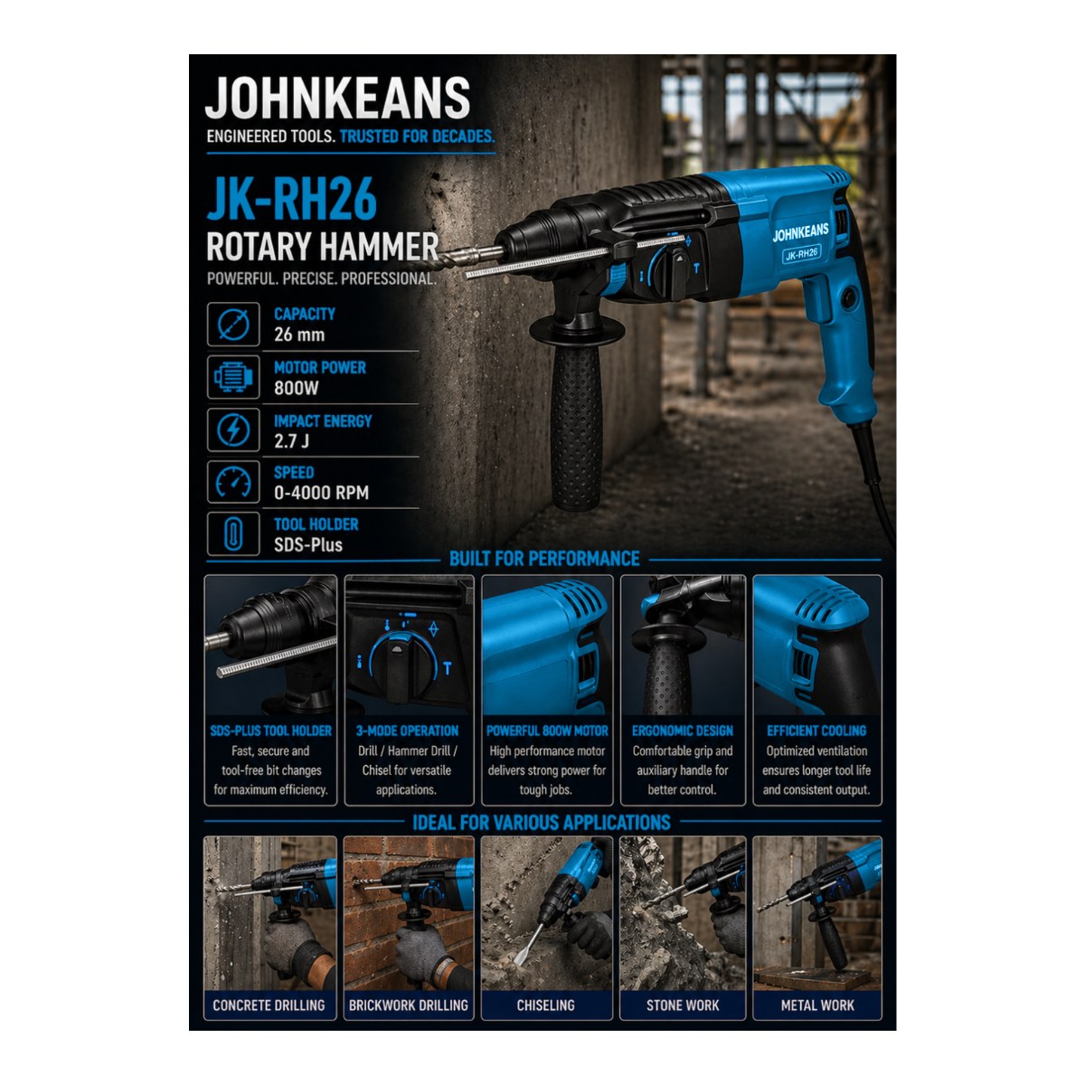Johnkeans JK-PT-2059 – Drill Cordless Sds Plus Rotary Hammer With 36 Volt – 28Mm