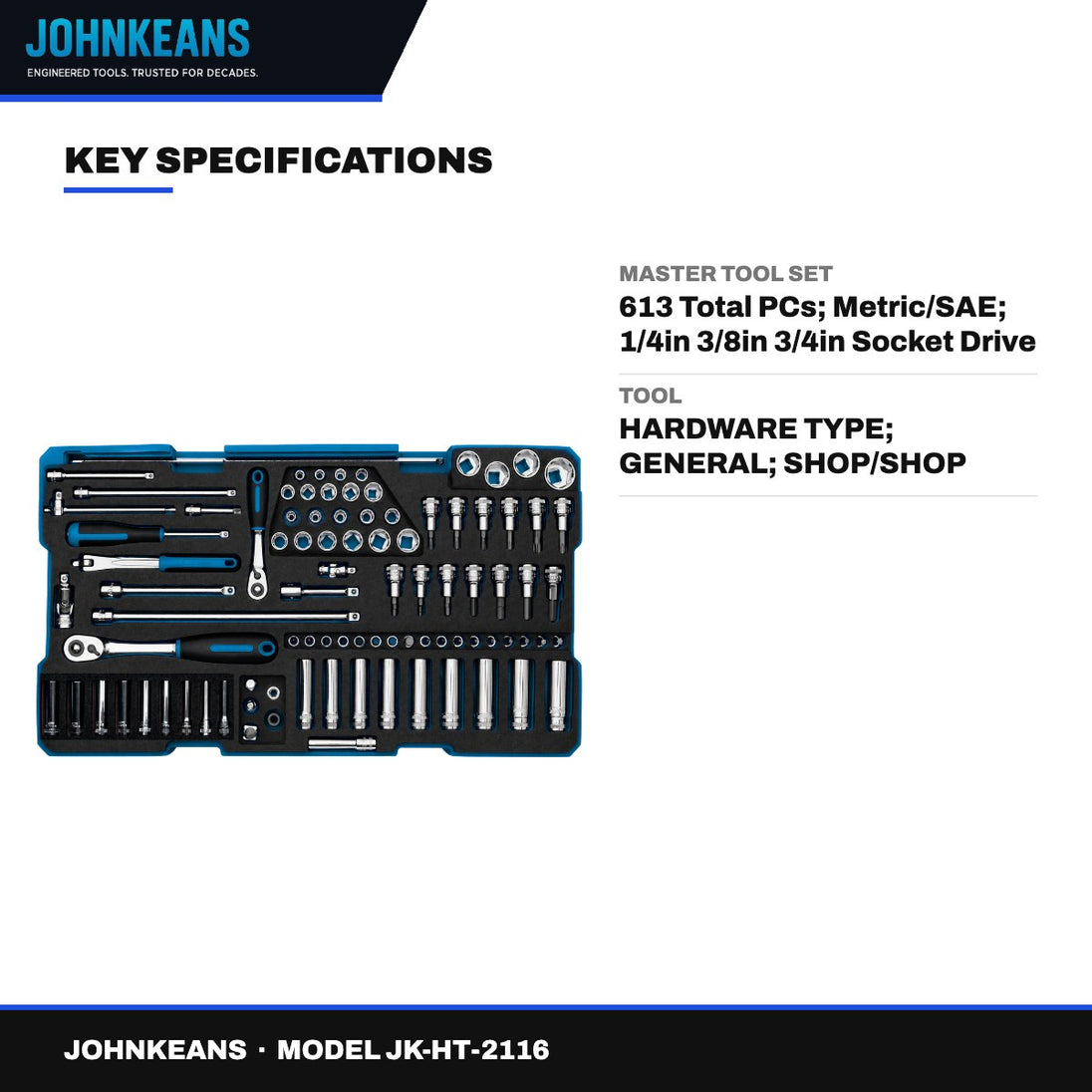 Johnkeans JK-HT-2116 – Master Tool Set – 613 Total Pcs, Metric/Sae