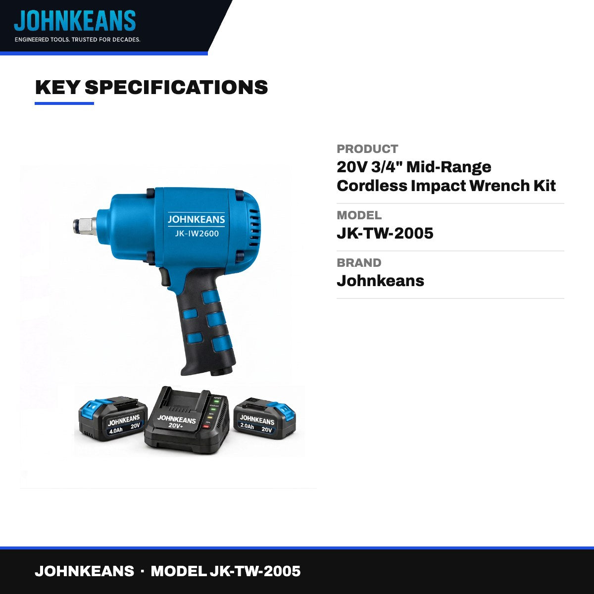 Johnkeans JK-TW-2005 – 20V 3/4" Mid-Range Cordless Impact Wrench Kit