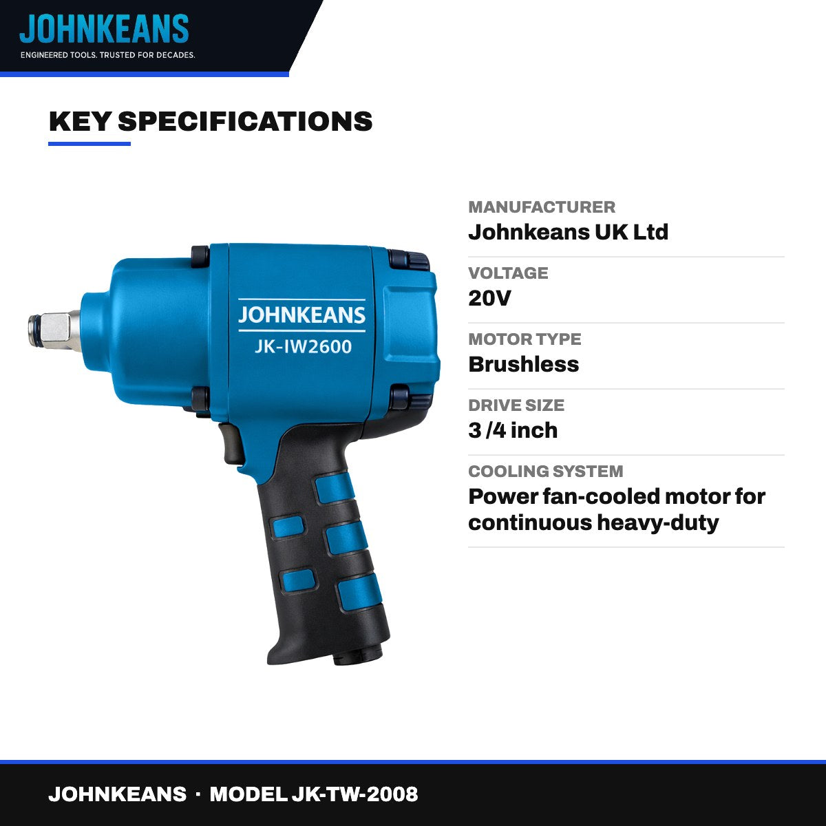 Johnkeans JK-TW-2008 – Non-Spark Brushless Cordless Impact Wrench 3/4", 20V