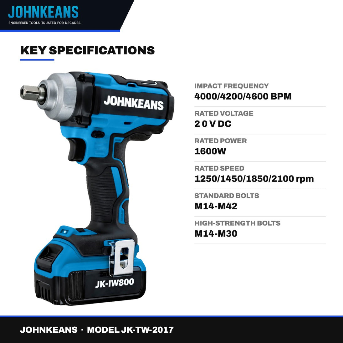 Johnkeans JK-TW-2017 – 20V Non-Spark Brushless Impact Wrench Kit