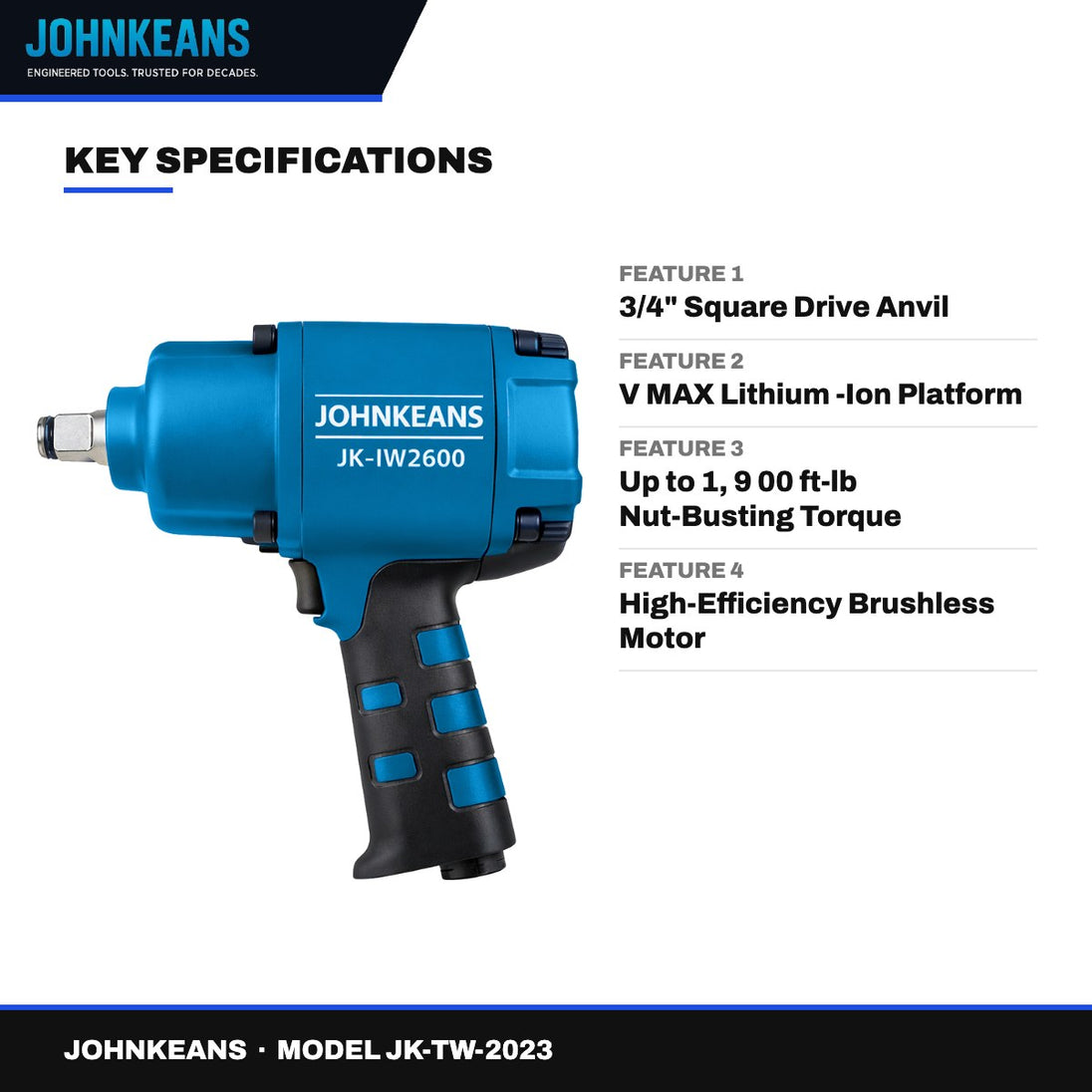 Johnkeans JK-TW-2023 – 20V MAX High-Torque Brushless Impact Wrench Kit 3/4"