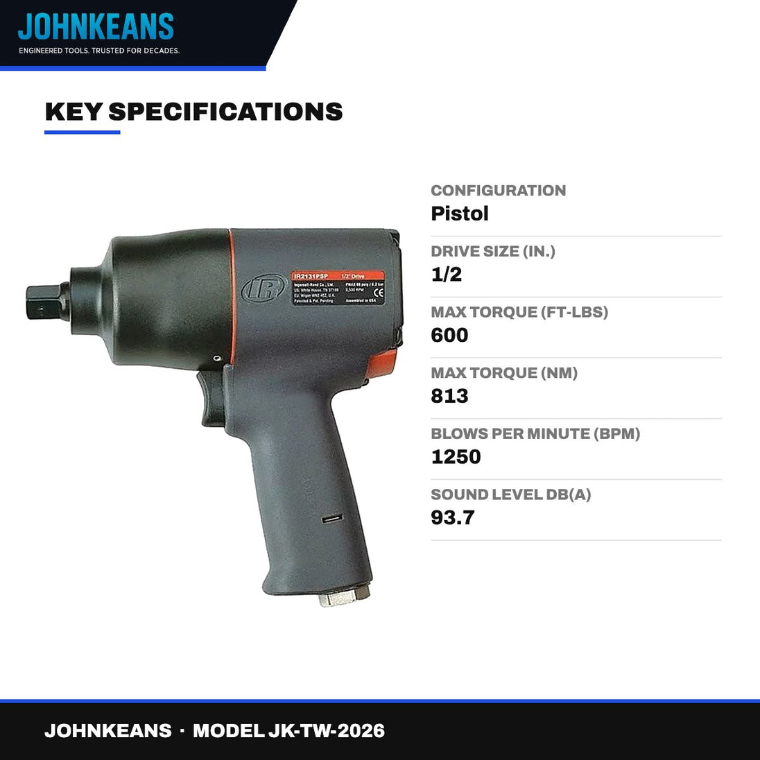 Johnkeans JK-TW-2026 – Pneumatic Impact Wrench 1/2", 600 ft-lb