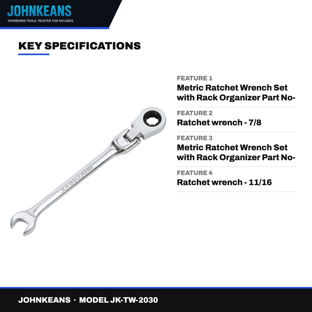 Johnkeans JK-TW-2030 – Adjustable Head Ratchet Combination Wrench Set