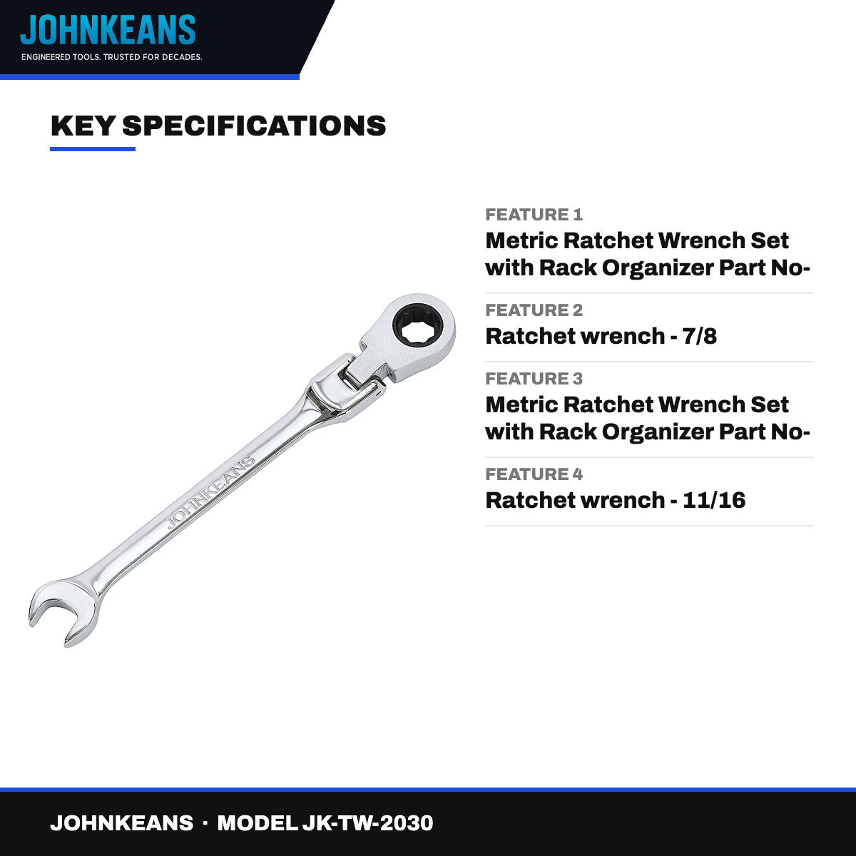 Johnkeans JK-TW-2030 – Adjustable Head Ratchet Combination Wrench Set