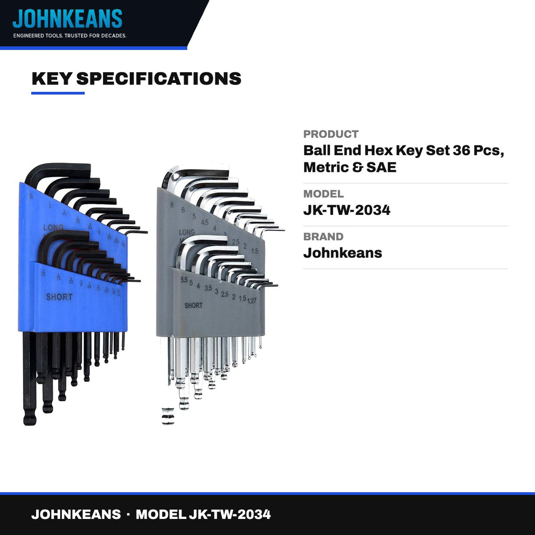 Johnkeans JK-TW-2034 – Ball End Hex Key Set 36 Pcs, Metric & SAE