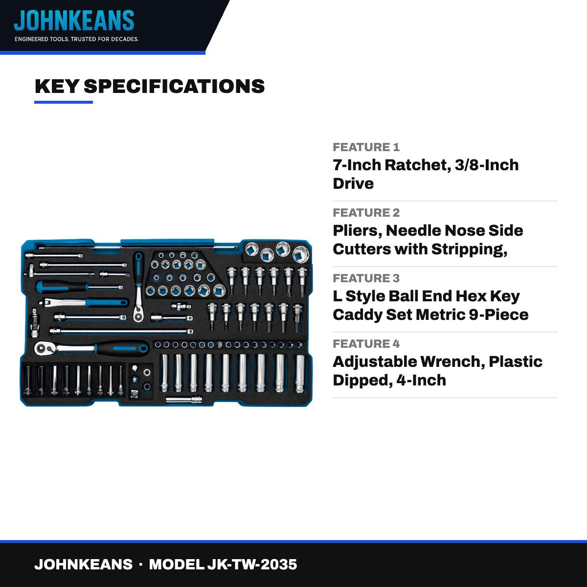 Johnkeans JK-TW-2035 – Mechanic's Hand Tool Set – Ratchet Spanners, Sockets & Pliers