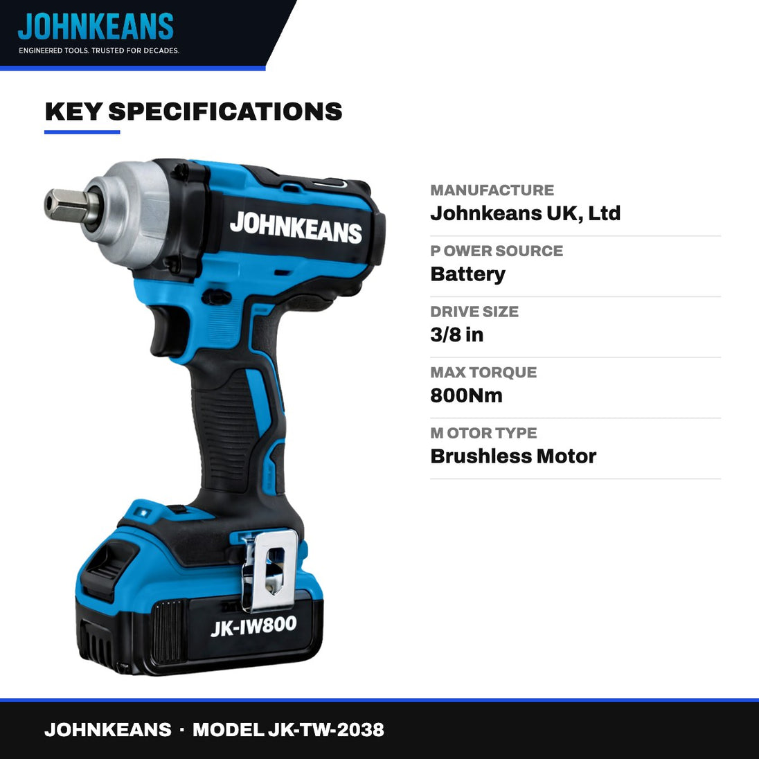Johnkeans JK-TW-2038 – 20V Brushless Impact Wrench 3/8", 800 Nm