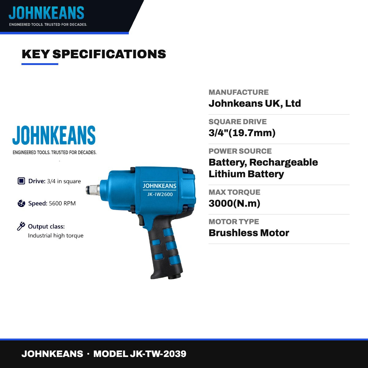 Johnkeans JK-TW-2039 – High Torque Brushless Impact Wrench 3/4"