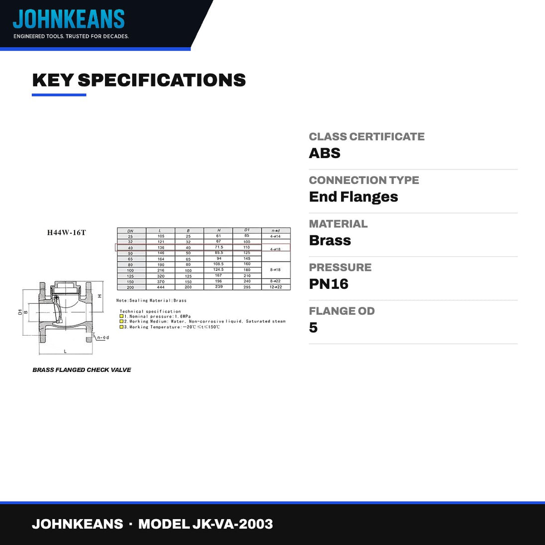 Johnkeans JK-VA-2003 – Non-Return Stop Valve DN40 Class 150, Brass