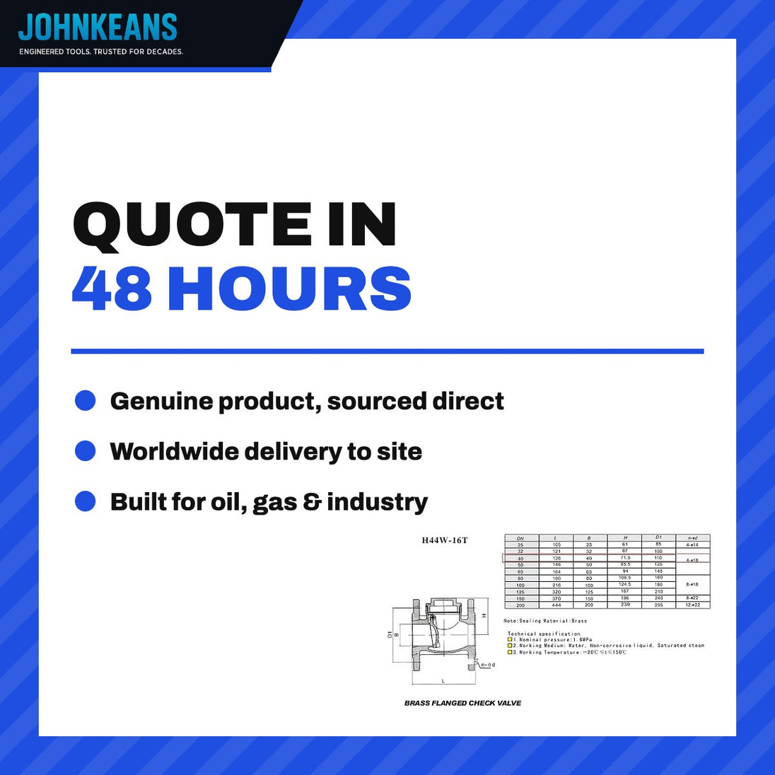 Johnkeans JK-VA-2003 – Non-Return Stop Valve DN40 Class 150, Brass