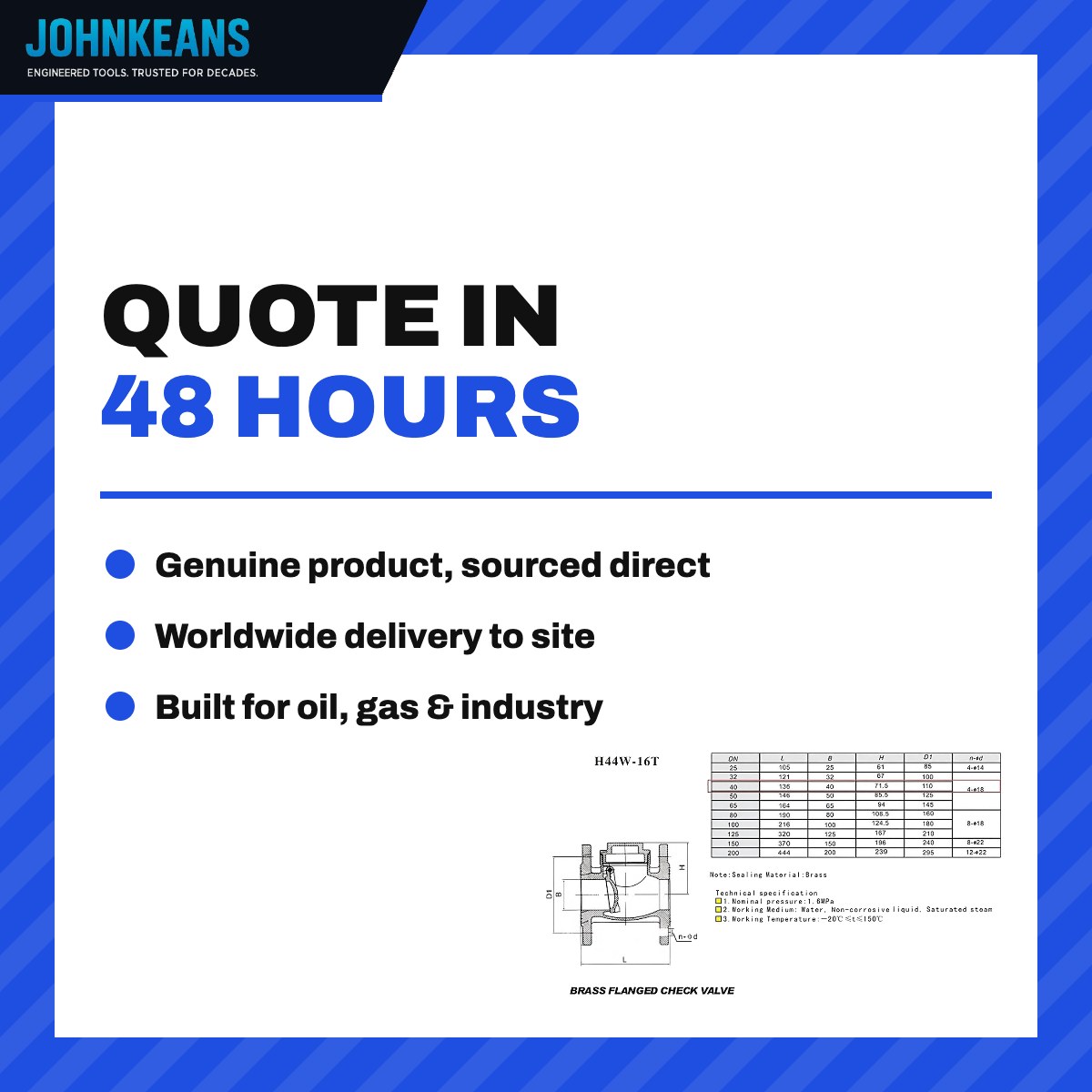 Johnkeans JK-VA-2003 – Non-Return Stop Valve DN40 Class 150, Brass