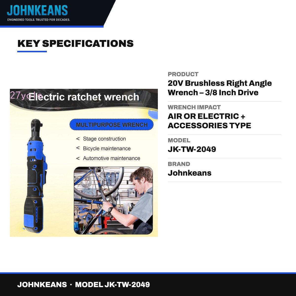 Johnkeans JK-TW-2049 – 20V Brushless Right Angle Wrench – 3/8 Inch Drive