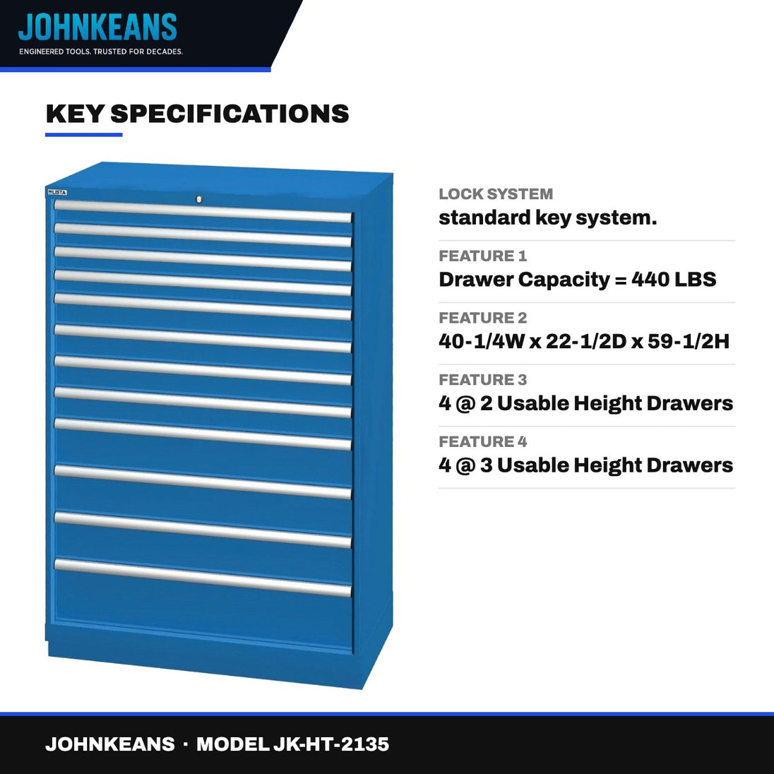 Johnkeans JK-HT-2135 – Steel Cabinet 12 Drawers 174 Compartments Eight = 770 Lbs