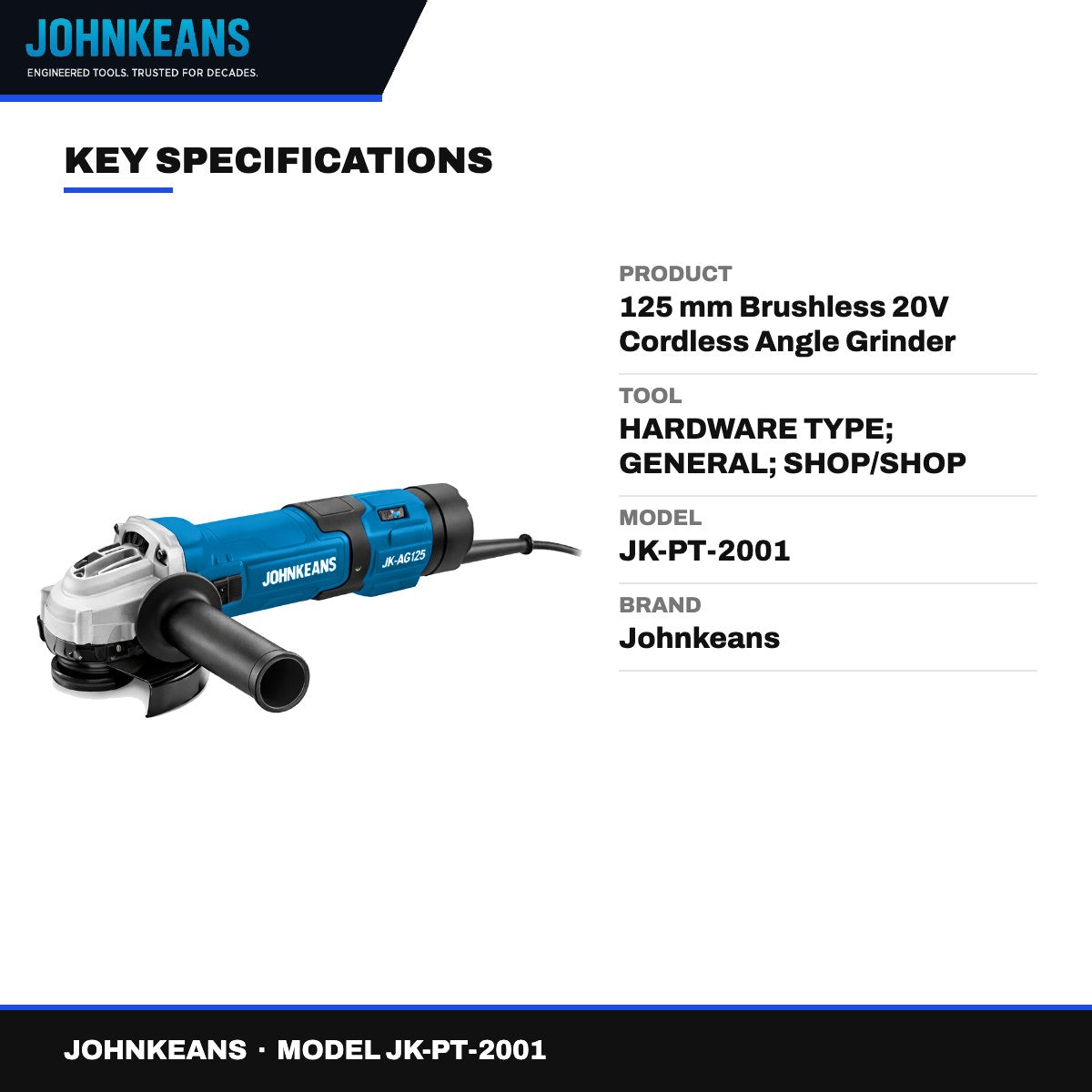 Johnkeans JK-PT-2001 – 125 mm Brushless 20V Cordless Angle Grinder