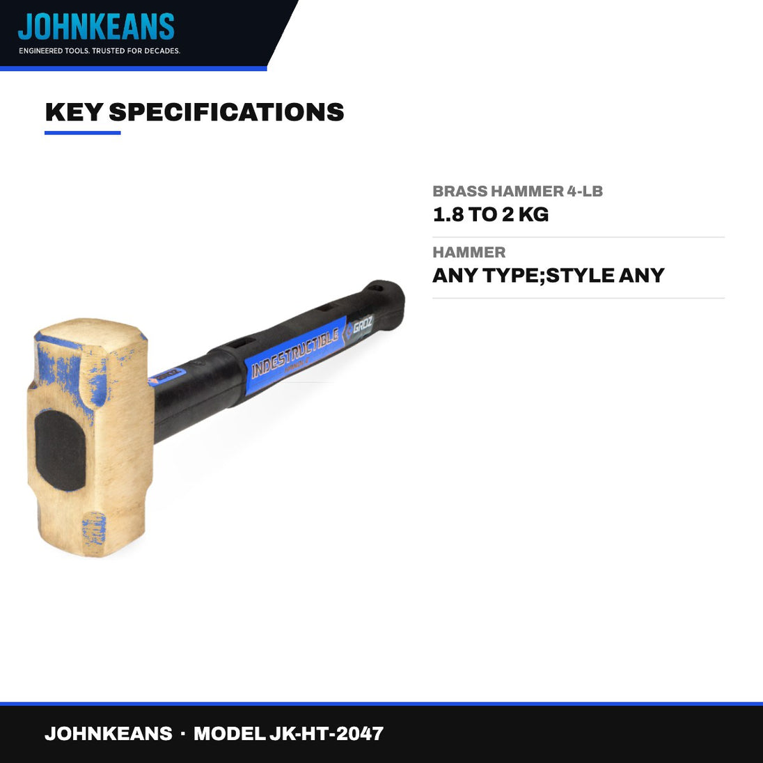 Johnkeans JK-HT-2047 – Brass Hammer 4-Lb – 1.8 To 2 Kg