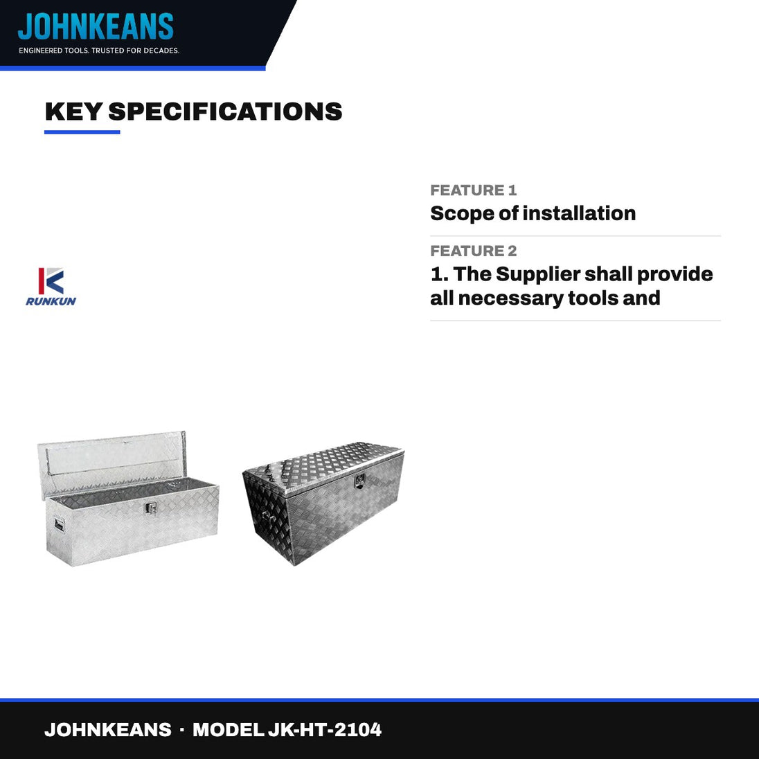Johnkeans JK-HT-2104 – Johnkeans – Supplier Shall Do The Installation For Aluminum Toolbox For Trucks – Single Unit