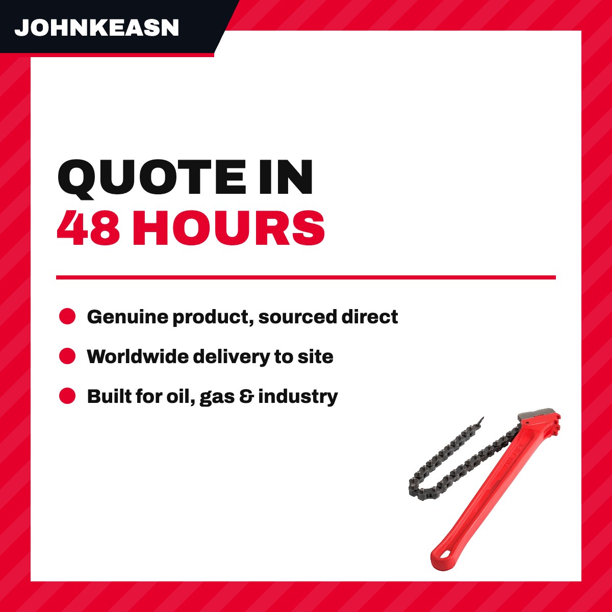 Johnkeasn UK – Chain Wrench 36 Heavy Duty Chain Wrench. Rated Pipe Capacity – 4 1/2 Actual 0.D. Capacity 7 1/2 Chain