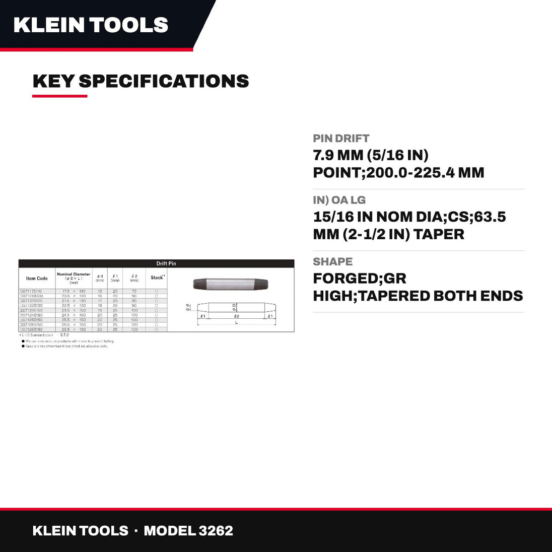 Klein Tools 3262 – Pin Drift – 7.9 Mm (5/16 In) Point, 200.0-225.4 Mm (7-7/8 To 8-7/8