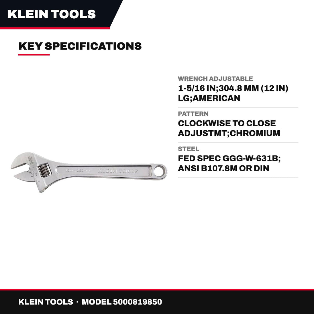 Klein Tools – Adjustable Wrench, 1-5/16 in, 304.8 mm (12 in) long