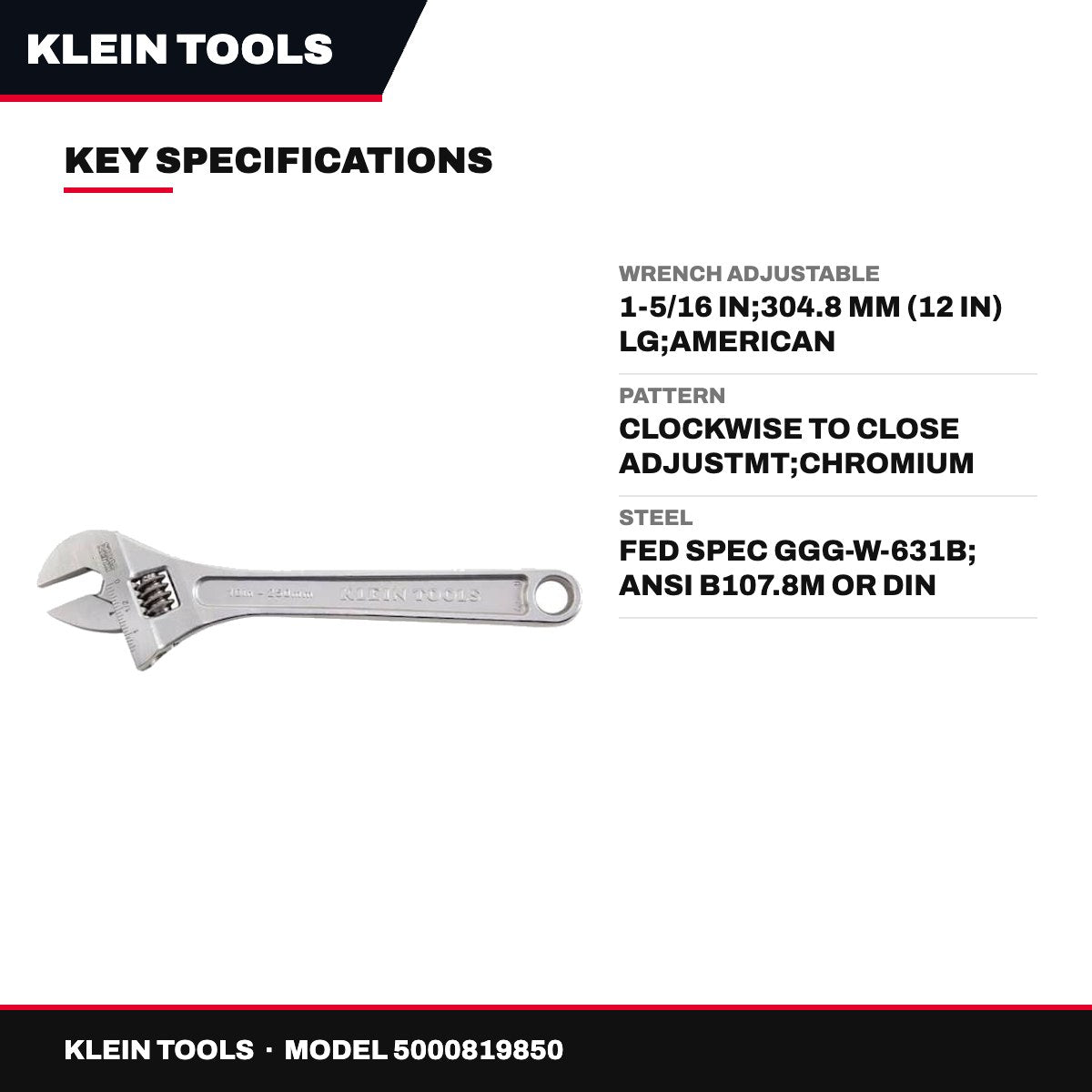 Klein Tools – Adjustable Wrench, 1-5/16 in, 304.8 mm (12 in) long