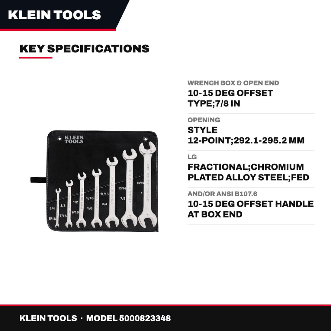 Klein Tools – Box & Open End Wrench, 10-15 Deg Offset, 7/8 in
