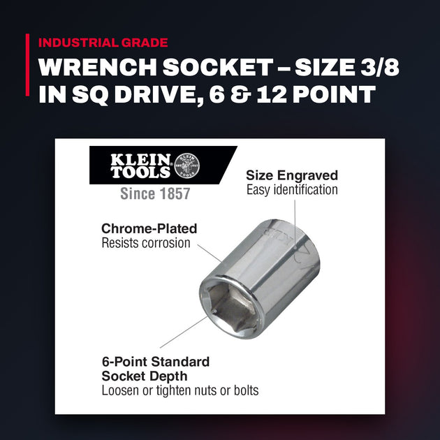 Klein Tools – Socket Wrench, Size 3/8 in Sq Drive, 6 & 12 Point