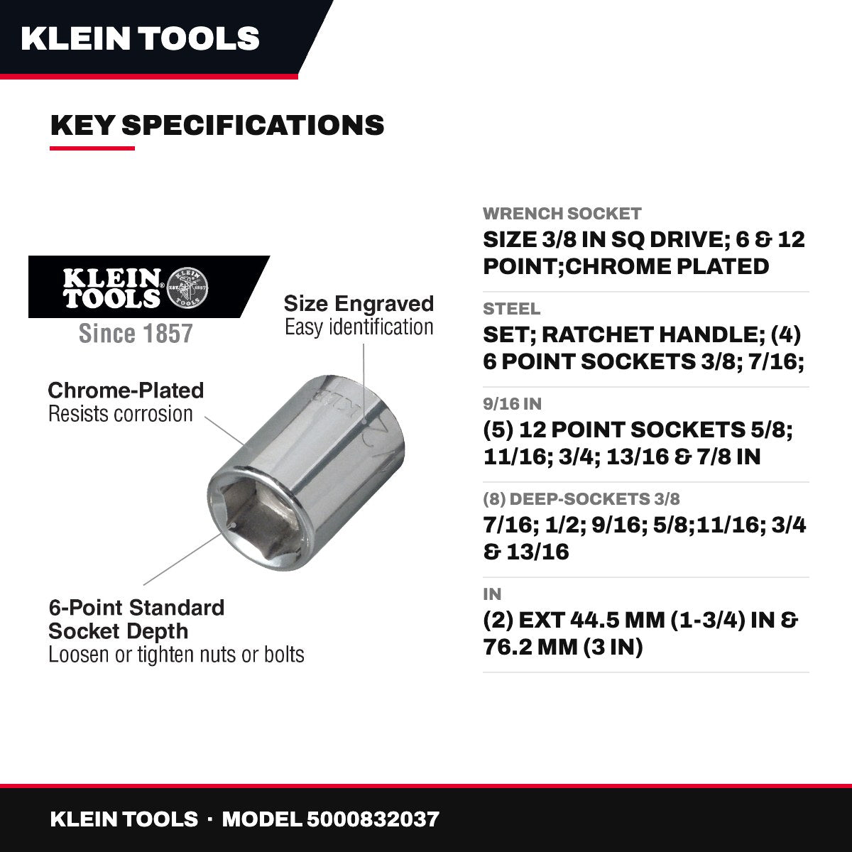 Klein Tools – Socket Wrench, Size 3/8 in Sq Drive, 6 & 12 Point