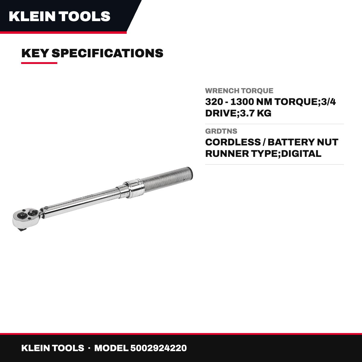 Klein Tools – Torque Wrench, 320 - 1300 Nm Torque, 3/4 Drive